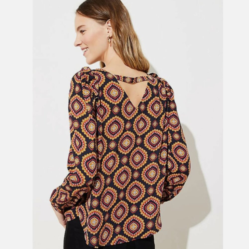 LOFT Medallion Print Blouse With Ruffle Shoulder Detail M